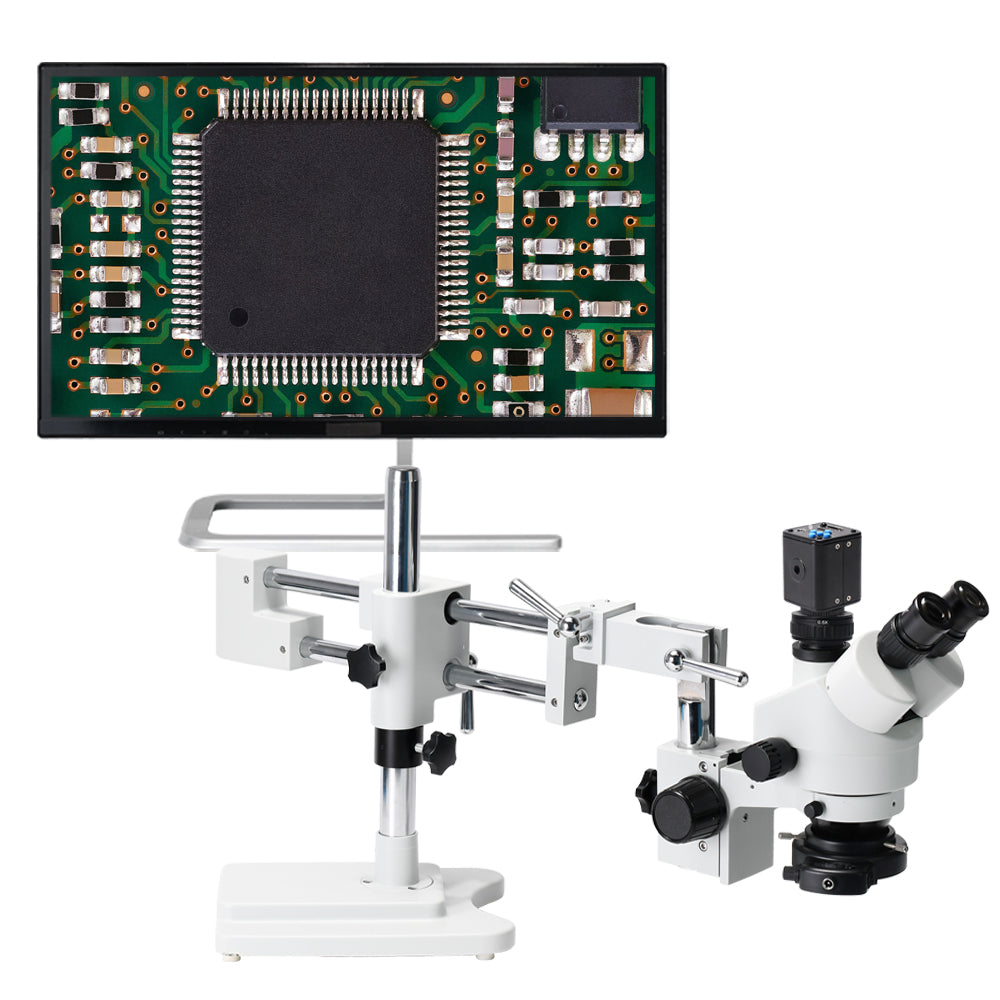 3.5X-90X Simul-Focal Double Boom Stand Trinocular Stereo Zoom Microscope 24MP HDMI Camera phone repair Microscopie