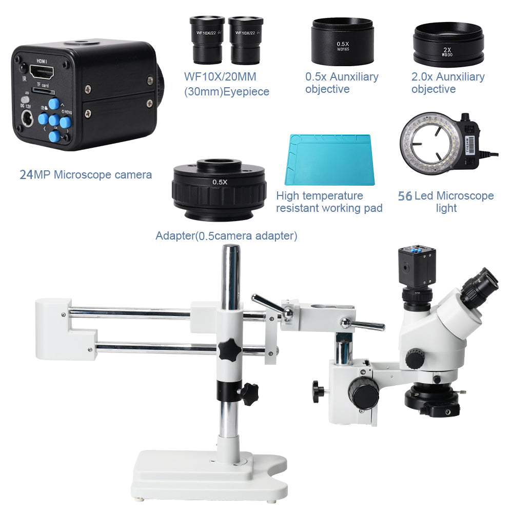 3.5X-90X Simul-Focal Double Boom Stand Trinocular Stereo Zoom Microscope 24MP HDMI Camera phone repair Microscopie