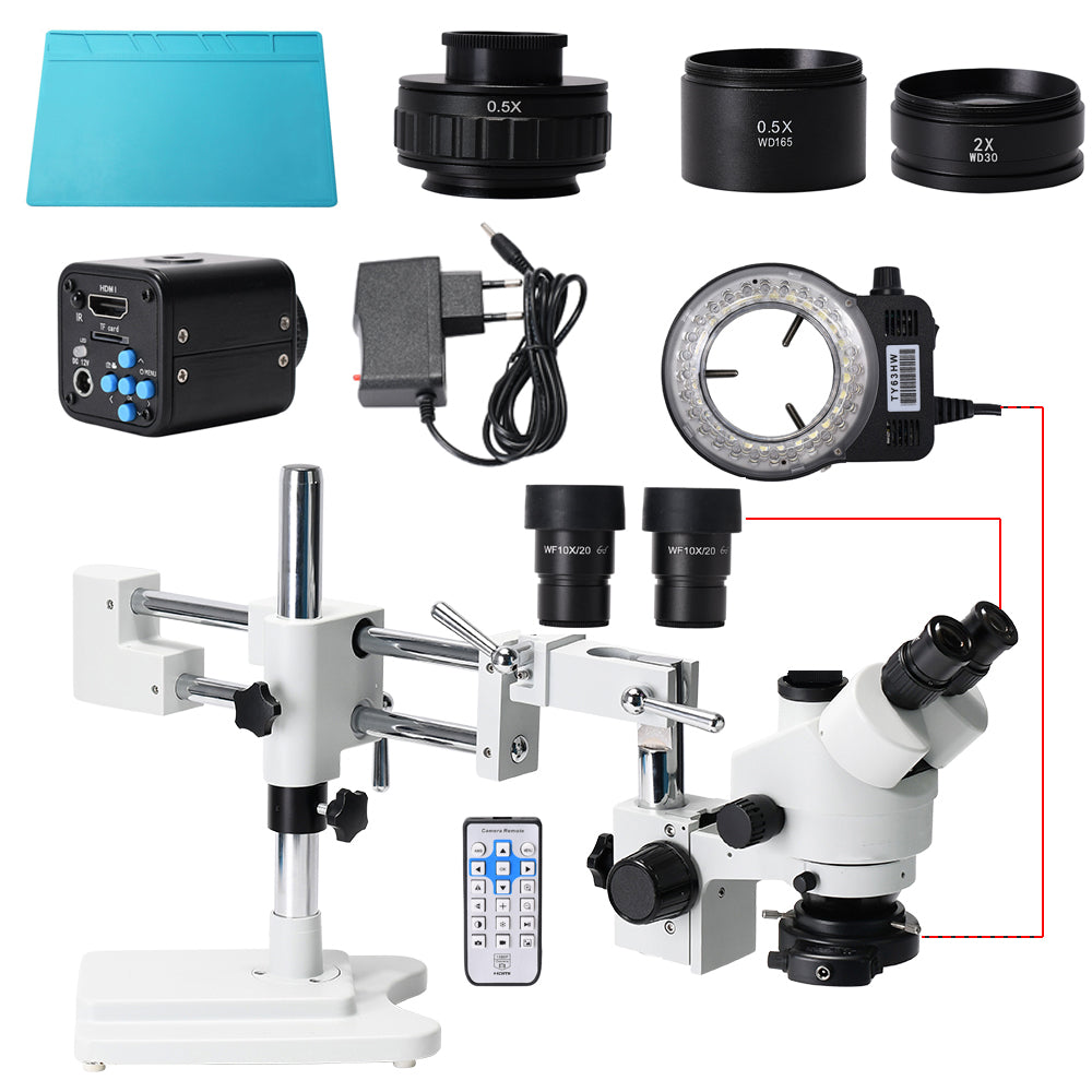 3.5X-90X Simul-Focal Double Boom Stand Trinocular Stereo Zoom Microscope 24MP HDMI Camera phone repair Microscopie