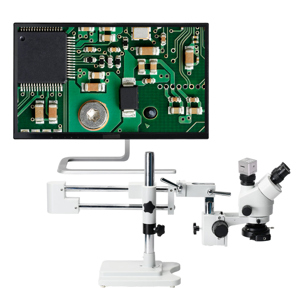 3.5X-90X Simul-Focus Double boom stand Trinocular microscope with 4K Camera