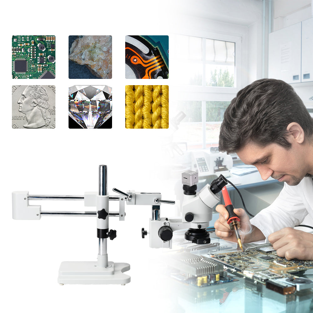 3.5X-90X Simul-Focus Double boom stand Trinocular microscope with 4K Camera