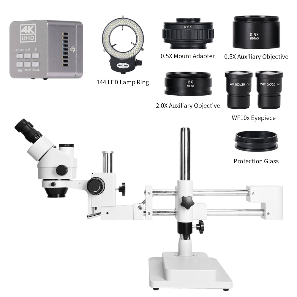 3.5X-90X Simul-Focus Double boom stand Trinocular microscope with 4K Camera