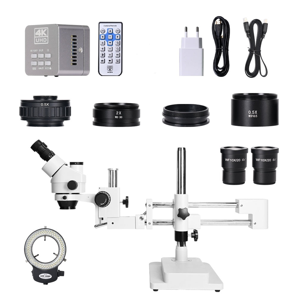 3.5X-90X Simul-Focus Double boom stand Trinocular microscope with 4K Camera